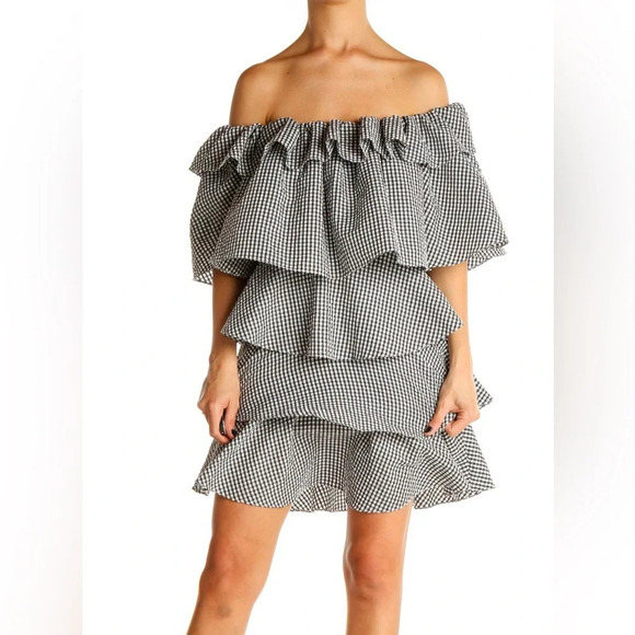 MLM Label Porte Off Shoulder Ruffle Dress in Black Utopia Check - NEW - Small - Picture 3 of 10